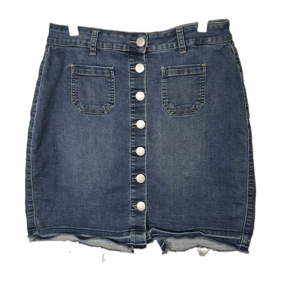 Guess Dresses & Skirts - GUESS Denim Mini Skirt Large Blue Button Front Distressed Frayed Raw Hem Pockets